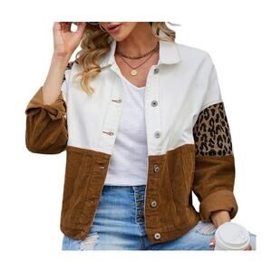 Umgee Color Block Corduroy Jacket Leopard Print Shacket Brown Size Medium